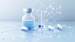 a collage of images creating a visualization of drug development workflow: a medication vial, capsules, lab flasks and molecule model