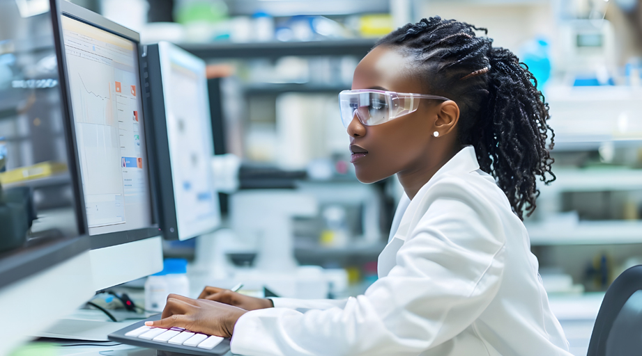 female pharmacist sitting and working at a computer